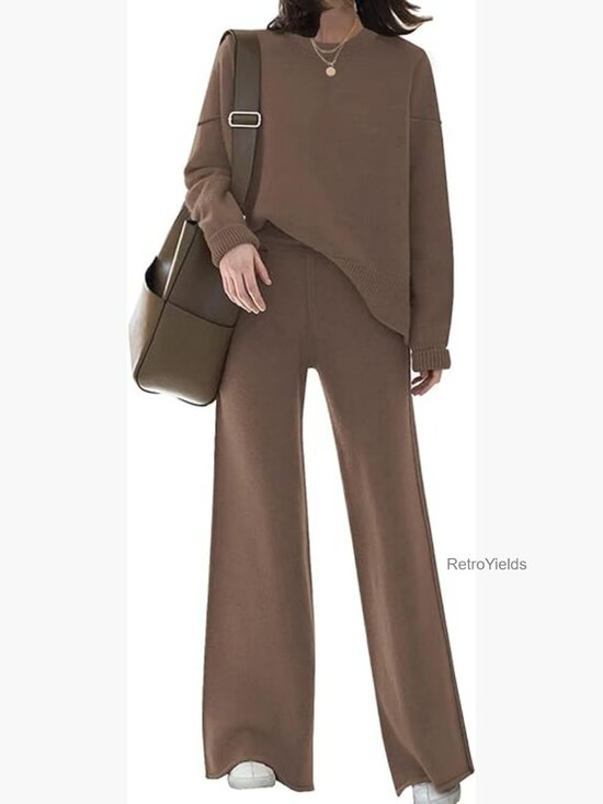 Pants - Womens Knitted Sweatsuit 2 Piece Lounge Set Sweater Top Wide Leg Pants